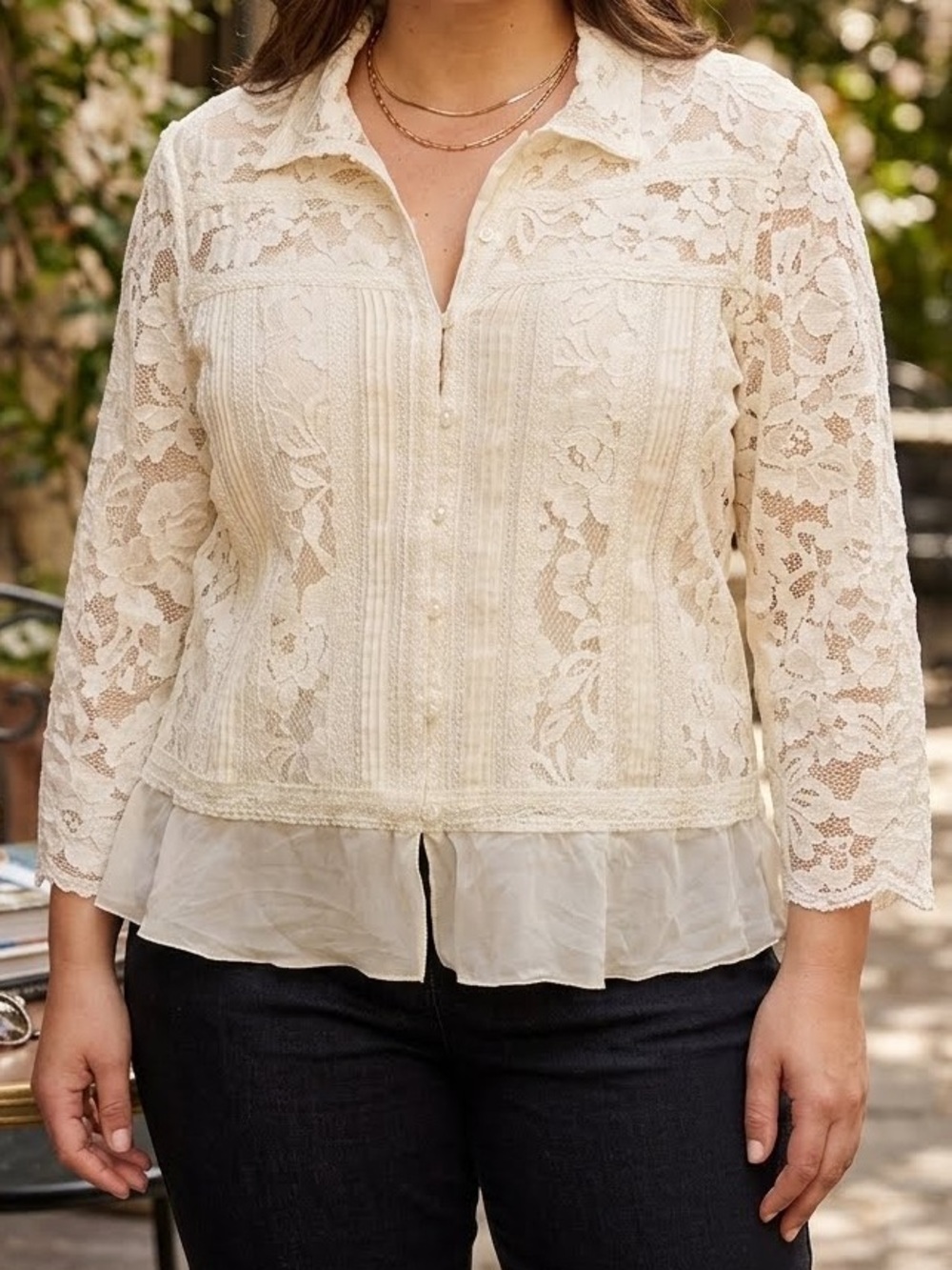 Coldwater Creek Button-Front Blouse Ivory Cream Lace lined collar ruffled large